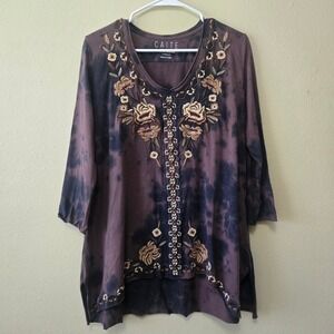 Caite Womens Med Boho Brown Tie Dye Floral Embroidered V-Neck Tunic Top Cotton